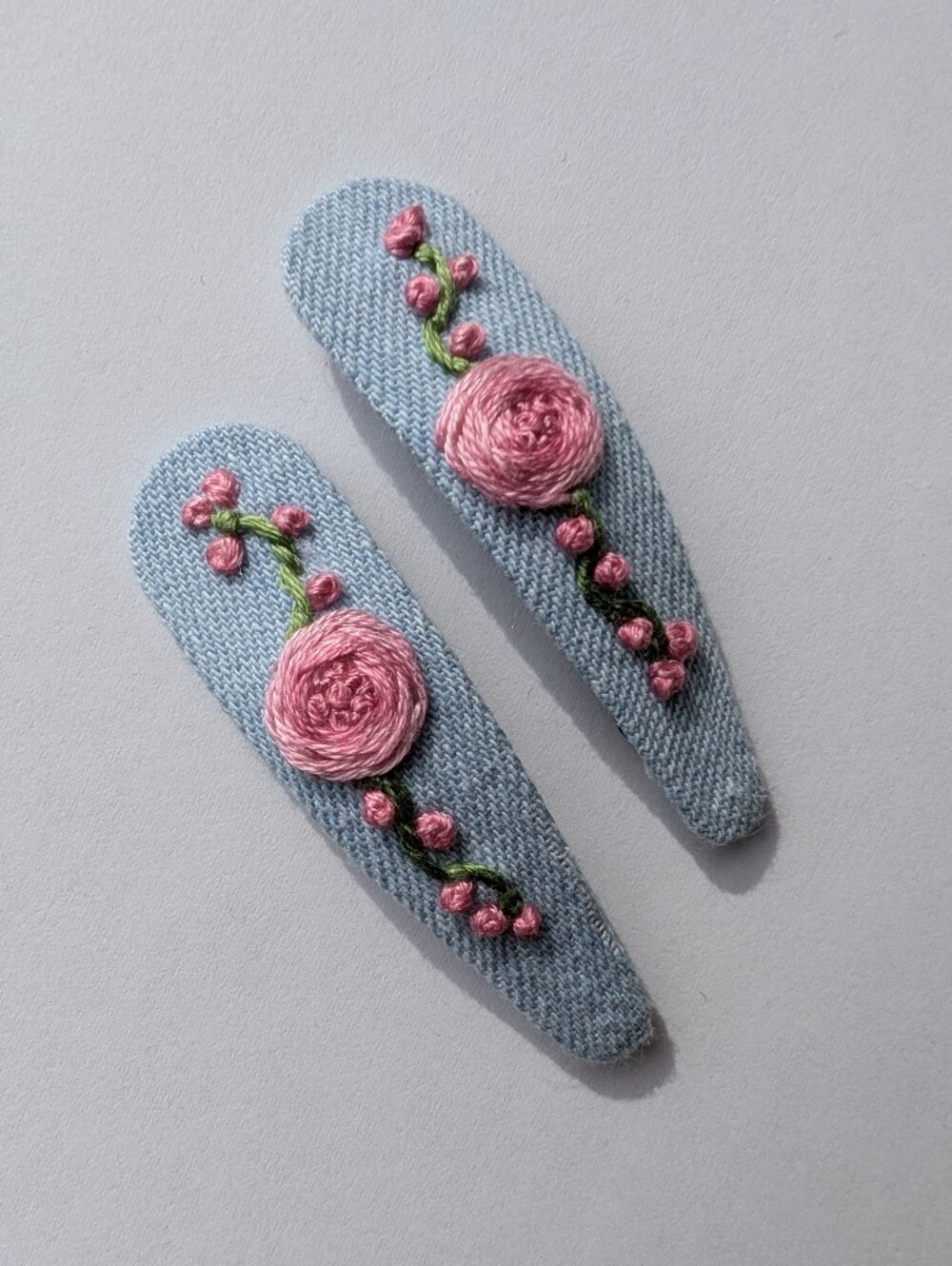 New Pink Rose Vine On Chambray Embroidered 100% Cotton Handmade Hair Clips